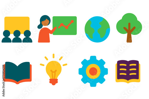 Education and learning flat icon set. Classroom, study, and teaching icons collection