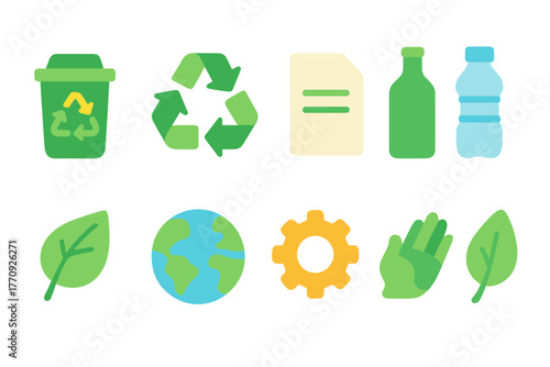 Recycling and environment flat icon set. Eco-friendly waste management symbols collection