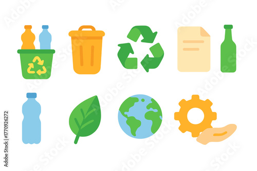 Recycling and sustainability flat icon set. Eco-friendly waste management collection