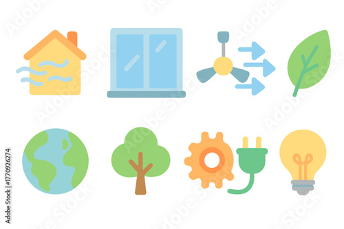 Energy efficiency flat icon set. Eco-friendly, sustainable living flat icons collection