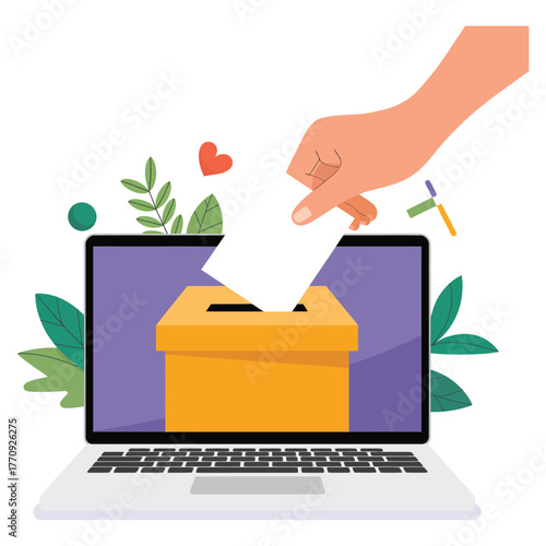 A hand casts a ballot into a digital voting box on a laptop screen.