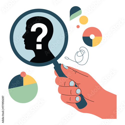 A magnifying glass reveals a silhouette of a head with a question mark inside, symbolizing a search for answers.