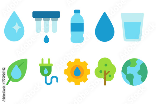 “water conservation flat icon set: sustainability, eco-friendly elements collection”
