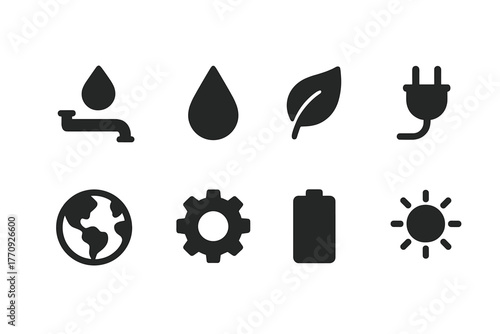 Eco and energy solid icon set. Renewable resources, environment friendly icons