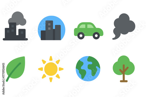 Environmental awareness flat icon set. Clean energy, pollution, ecology icons collection