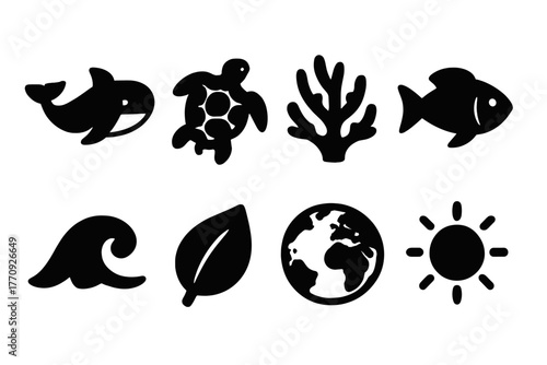 Marine life solid icon set: ocean, wildlife, ecosystem symbols collection