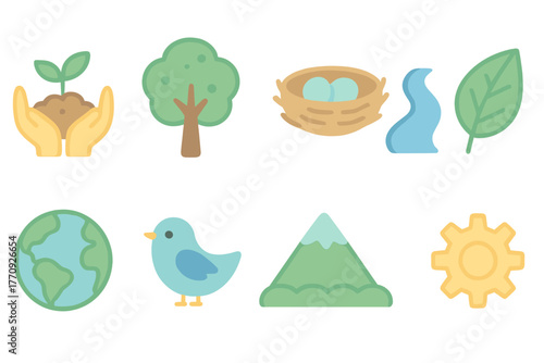 Nature flat icon set. Environmental conservation and ecology icons flat collection