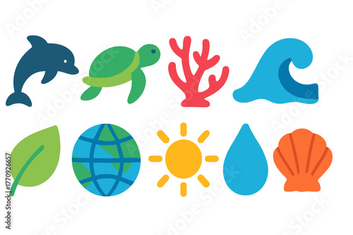 Marine life and nature flat icon set: ocean animals, waves, earth, sun, and more
