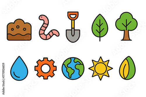 Gardening and nature flat icon set for eco-friendly projects and environment themes