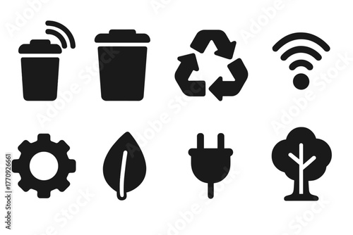 Smart city solid icon set. Technology, environment, digital infrastructure symbols