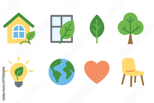 Eco lifestyle flat icon set. Sustainability, environment, green living icons collection