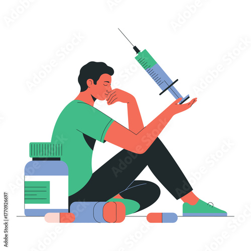 A person contemplates a syringe and medication, representing addiction and mental health struggles.