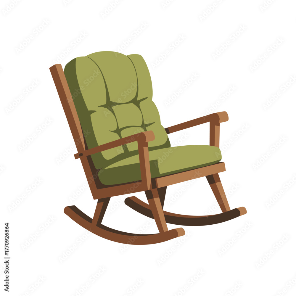 Obraz premium A comfortable wooden rocking chair with green cushions sits waiting.