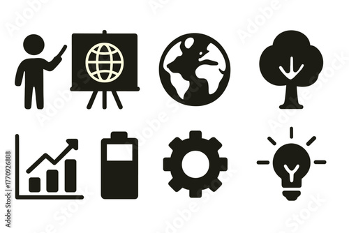 Education and environment solid icon set. Learning, sustainability icons collection.
