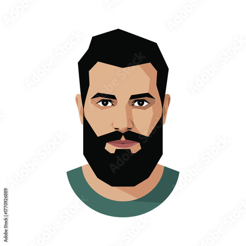 Close-up illustration of a man's face with a beard against a white background.