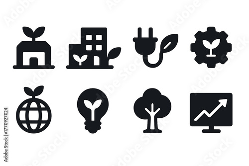 Eco-friendly solid icon set: sustainable, renewable energy, green technology icons