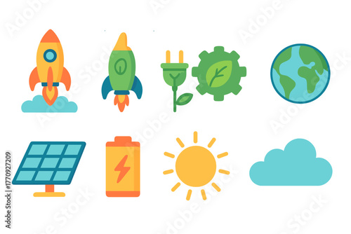 Renewable energy flat icon set. Solar, wind, eco-friendly power icons flat collection.