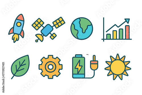 Science and technology flat icon set. Space, earth, solar energy icons collection
