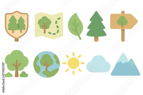 Nature, outdoors flat icon set. Hiking, trees, and environment icons flat collection