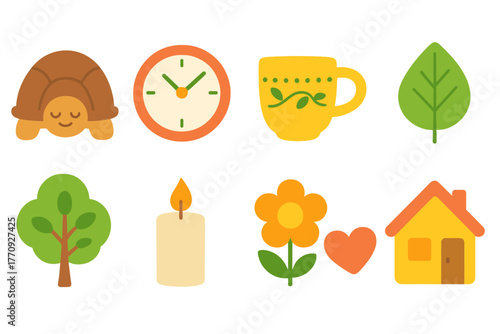 Nature, home and leisure flat icon set. Relaxation and comfort flat icons collection