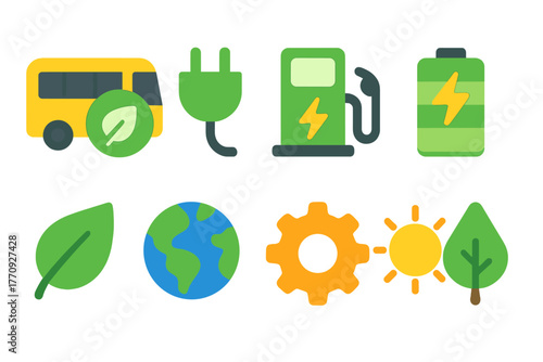 Eco-friendly energy flat icon set. Sustainability, renewable power icons flat collection