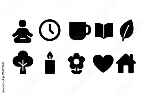 Meditation and wellness solid icon set. Yoga, mindfulness, nature symbols collection