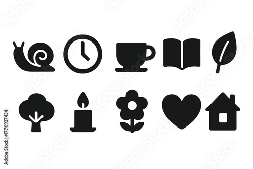 Nature and everyday life solid icon set. Snail, clock, mug, book, leaf silhouette collection
