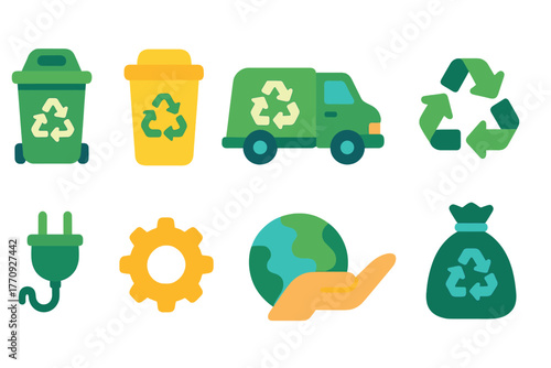 Recycling and sustainability flat icon set: eco-friendly and waste management symbols