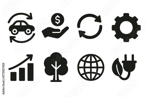 Eco and automotive filled icon set: renewable energy, car sustainability symbols