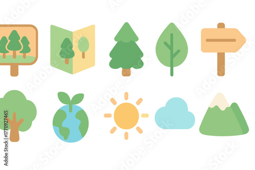 Nature, environment flat icon set. Forest, ecology symbols flat collection for designers