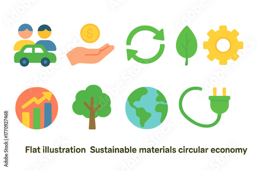Sustainable materials flat icon set. Circular economy, eco-friendly flat icons