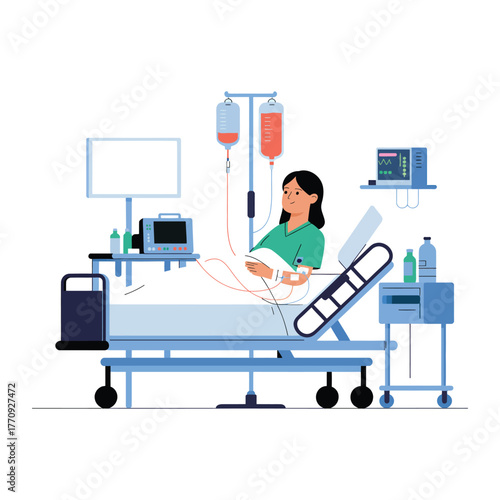 A smiling patient rests in a hospital bed receiving an IV infusion and medical monitoring.