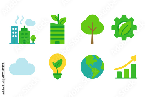 Eco-friendly sustainability flat icon set: nature, environment, green initiatives