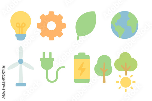 Eco-friendly energy flat icon set. Renewable, sustainable resources flat icons collection.