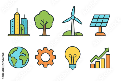 Renewable energy, sustainability flat icon set. Eco-friendly and environmental icons collection