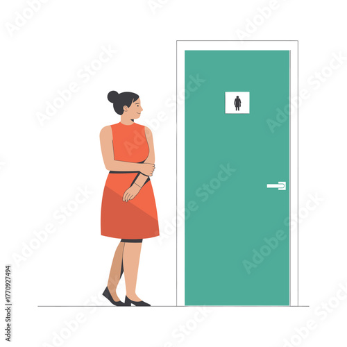 Woman stands patiently outside a restroom door, awaiting her turn.