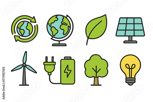 Eco-friendly, sustainable energy icon set. Renewable resources, environment icons outline.