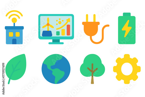 Eco and sustainable energy flat icon set. Renewable, environment icons flat collection