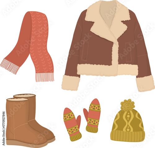 Winter outfit with cropped brown shearling jacket, cozy boots, knitted scarf, mittens and beanie. Trendy cold weather clothes