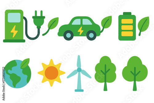 Eco-friendly, renewable energy flat icon set: sustainability, environment graphics