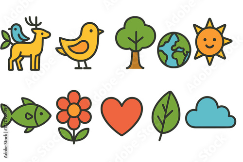 Nature and wildlife icon set. Cute flat icons for environment and nature projects