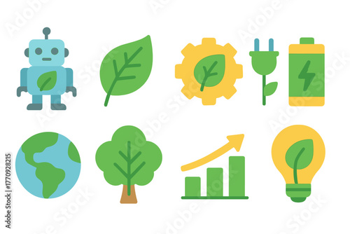 Eco-friendly, technology flat icon set. Green energy, sustainability, ecology icons