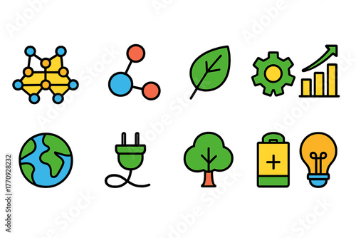 Ecology and technology icon set. Colorful outline icons for sustainable tech solutions