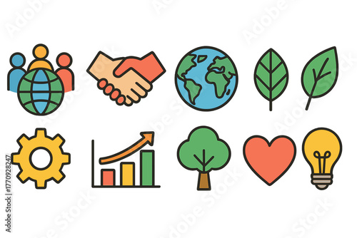 Eco, business flat icon set. Sustainability, global, nature, growth flat icons collection