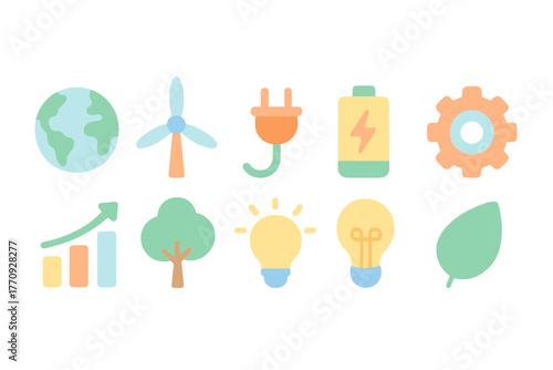 Eco-friendly, renewable energy flat icon set. Sustainability, environment, green icons.