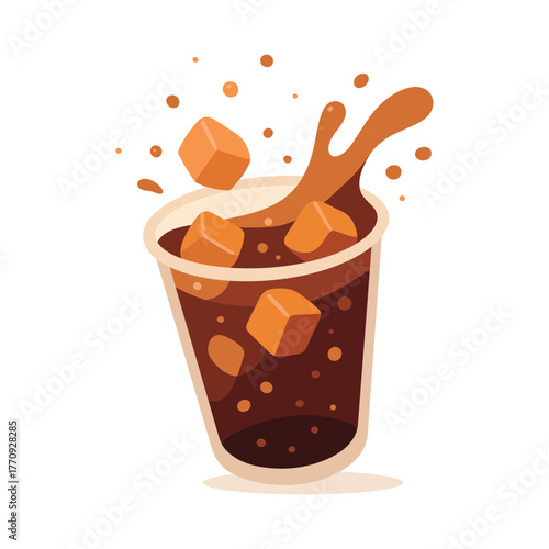 Iced coffee cup with splashing drink and ice cubes. Refreshing cold coffee vector illustration in flat style isolated on white background.