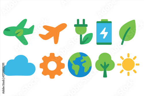 Eco-friendly, nature flat icon set. Sustainable, earth, green energy flat icons collection