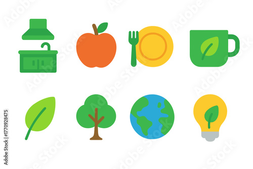 Eco-friendly kitchen, dining flat icon set. Sustainable living flat icon collection
