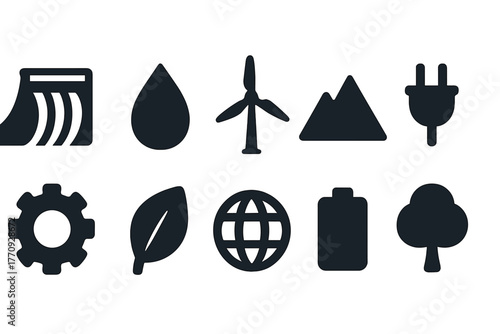 Eco energy solid icon set. Sustainable energy, renewable resources icons