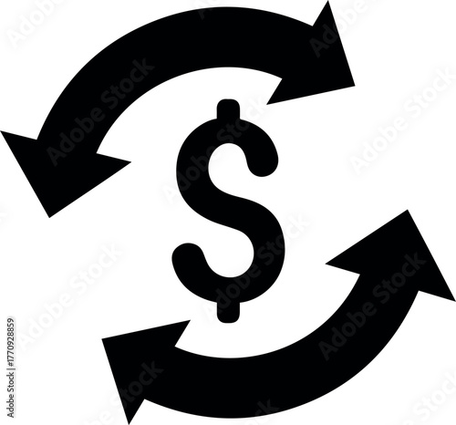 Vector black dollar sign surrounded by two curved arrows pointing in opposite directions in a circle